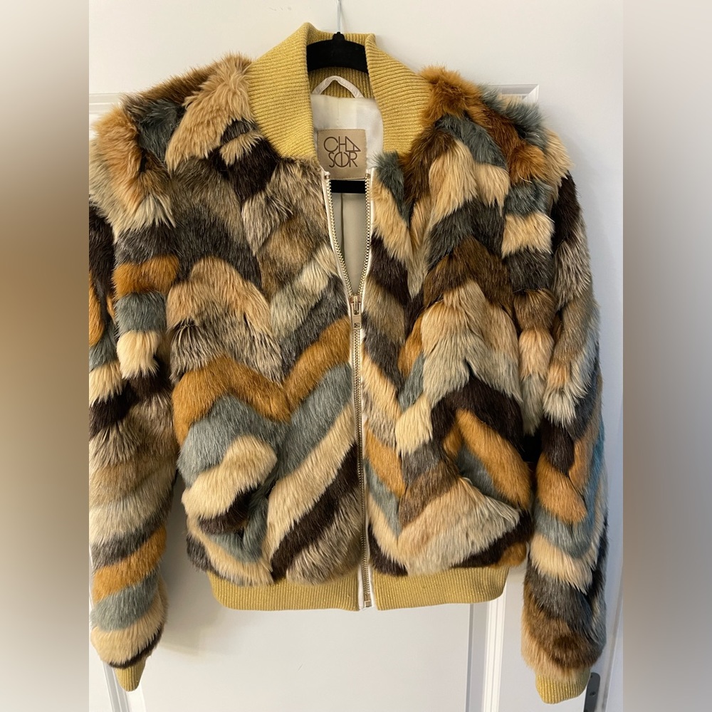 Chaser faux fur calico bomber jacket